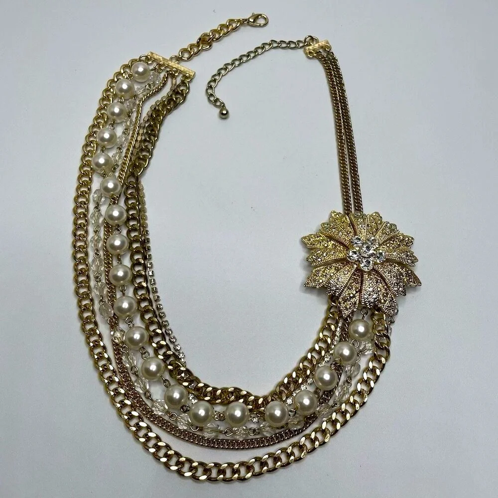 Amazing Gold Tone Fax Pearl Glass Rhinestone Flower Layered Chain Necklace
